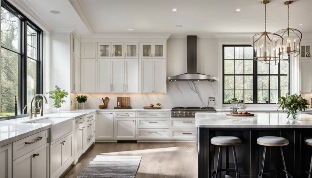 A spacious kitchen featuring white cabinets with black hardware and a center island.