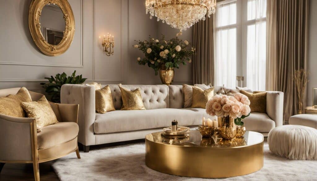 A living room with gold furniture and a chandelier, incorporating elements of gold kitchen decor.
