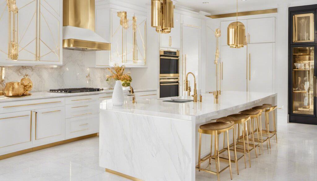 A gold and white kitchen with elegant accents.
