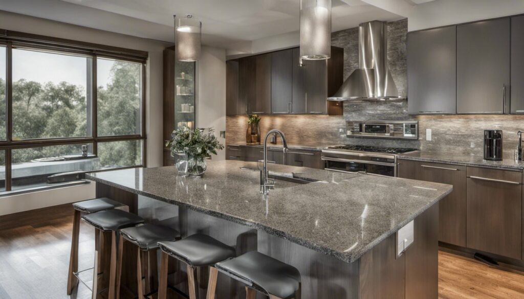 A kitchen with granite counter tops but without a backsplash.