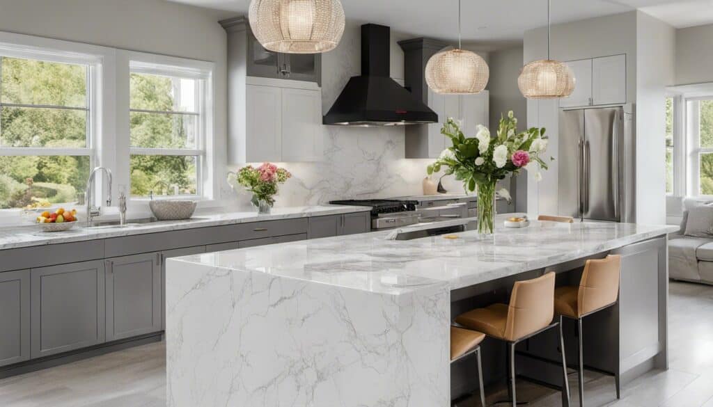 A kitchen with new countertops and old cabinets, featuring a marble island and large island.