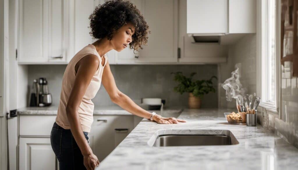 A woman is standing at the sink in her kitchen, wondering if she can reuse quartz countertops.