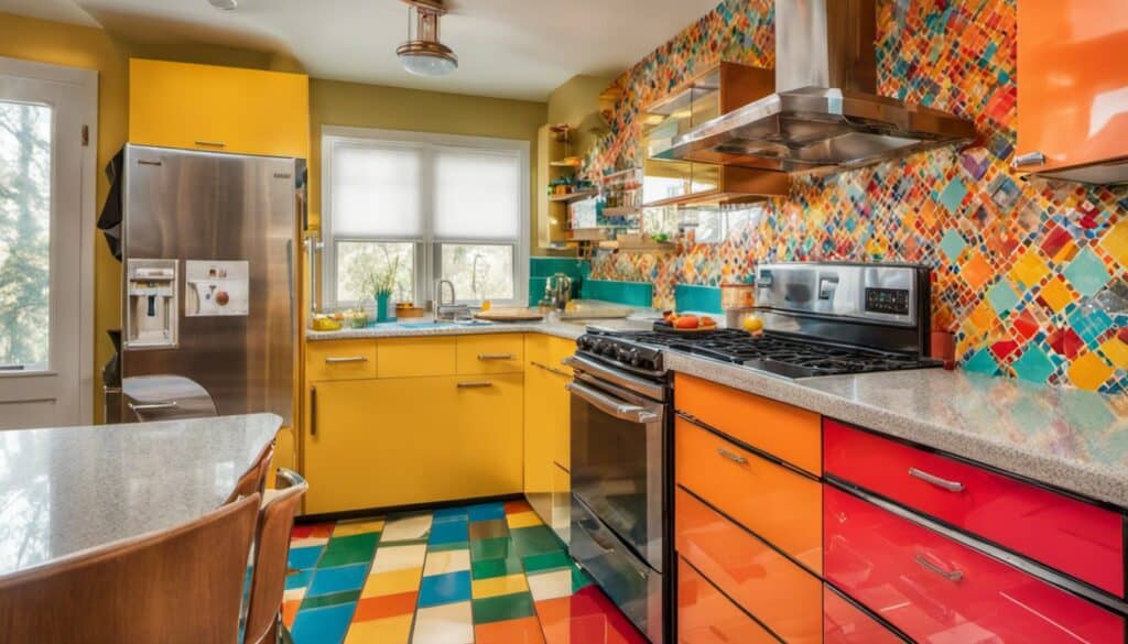 A brightly colored kitchen with vintage countertops.