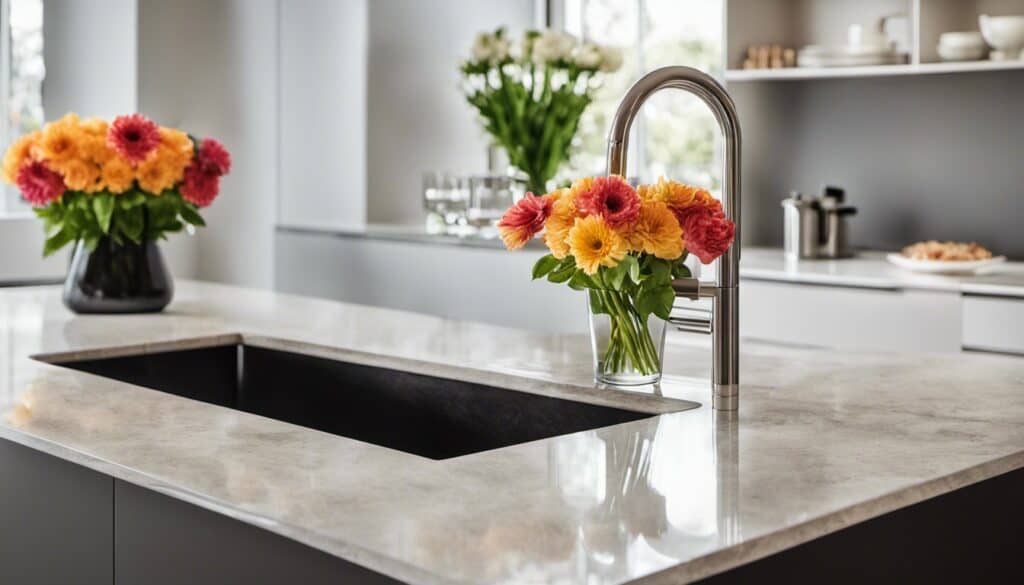 A countertop transformation featuring a kitchen sink adorned with flowers.