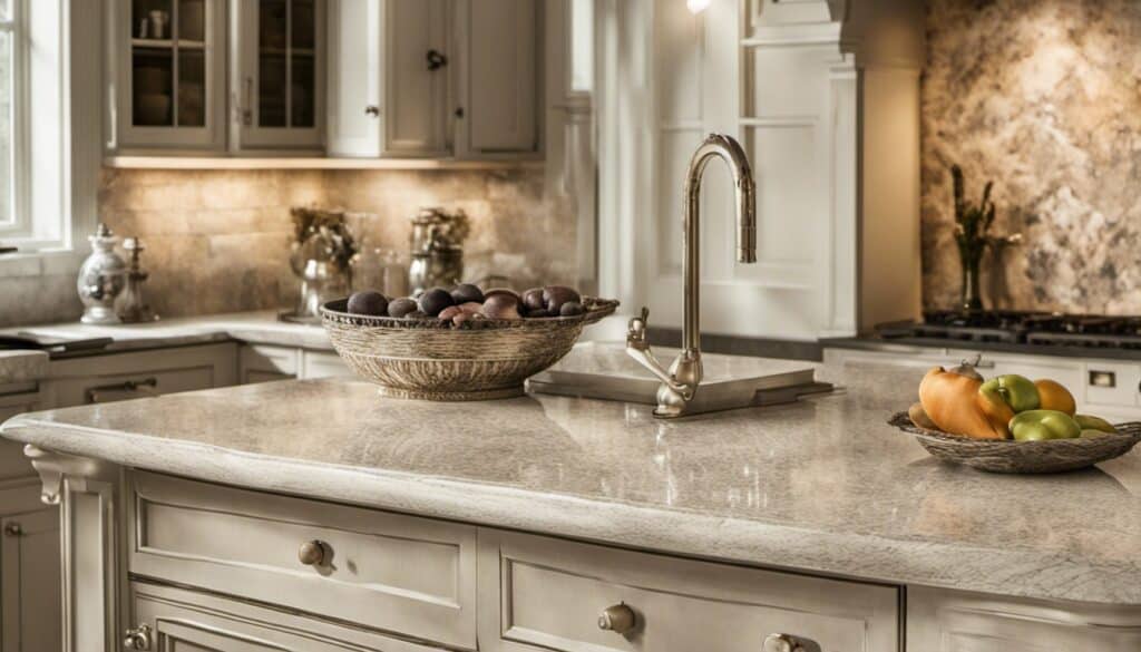 A kitchen with white cabinets and vintage marble countertops.