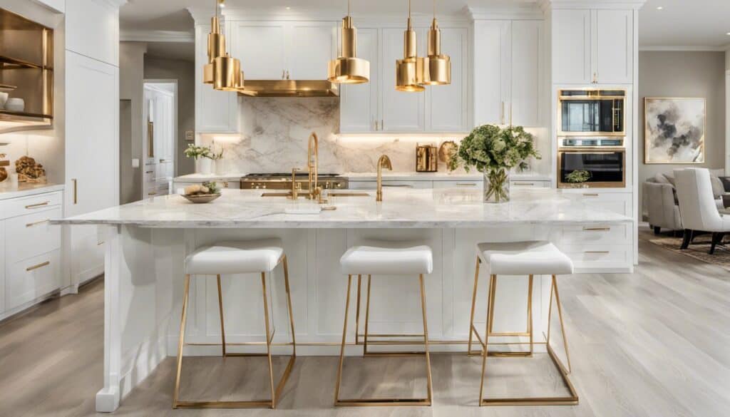 A gold and white kitchen with a center island.