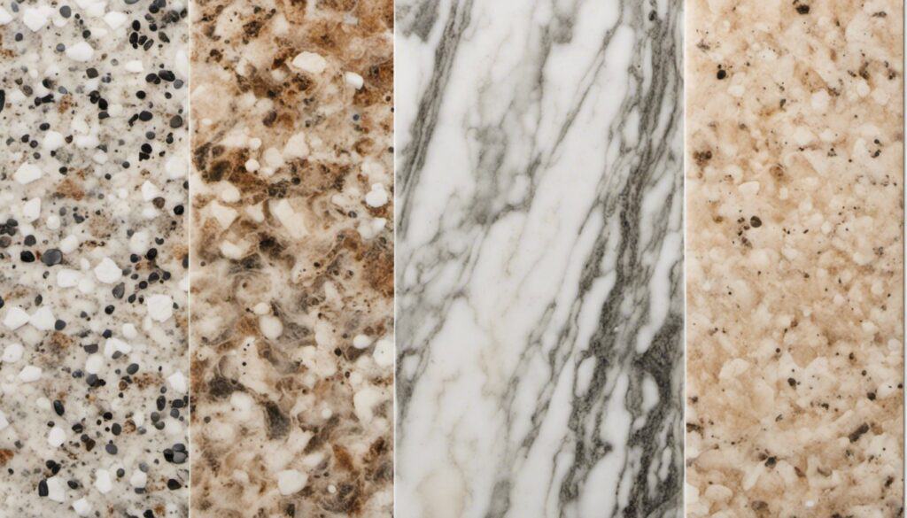 A close up of different colored marbles used for mobile home countertops.