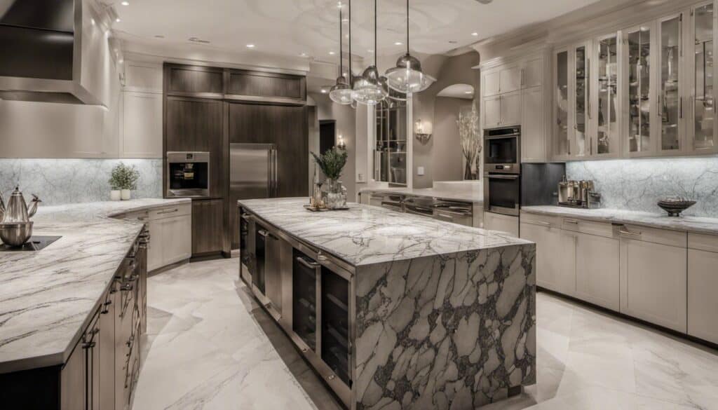 A kitchen with marble counter tops and a marble island that showcases quartz countertops.