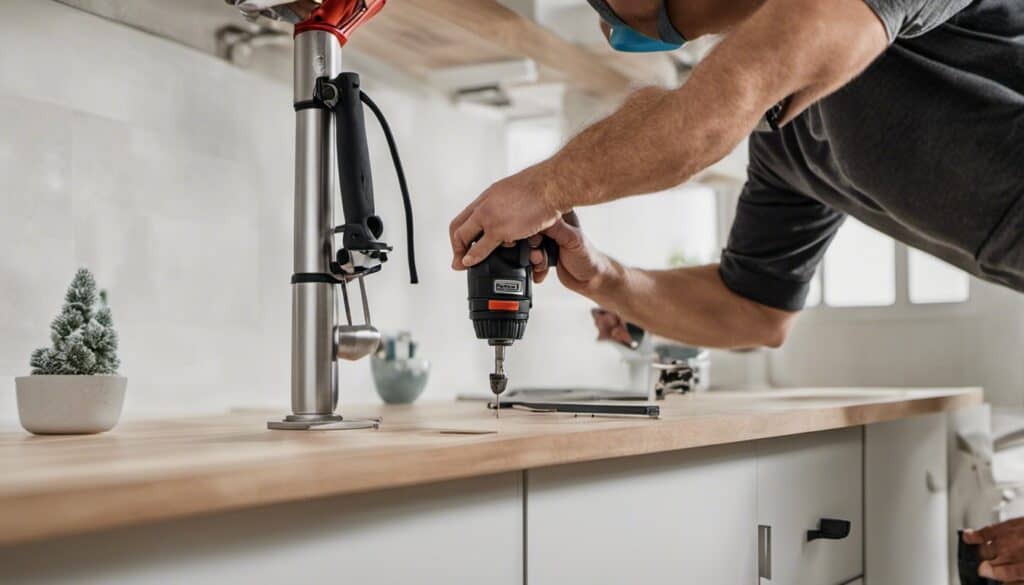 A man using a screwdriver to remove granite countertops.