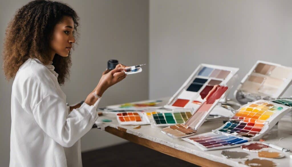 A woman is working on a paint palette.