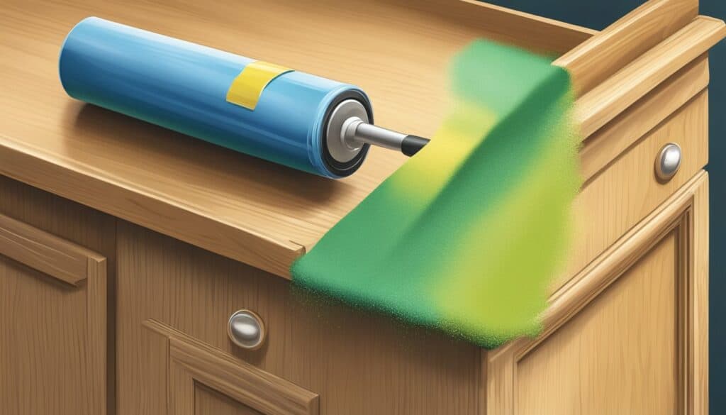 An illustration of a paint roller on a wooden cabinet.