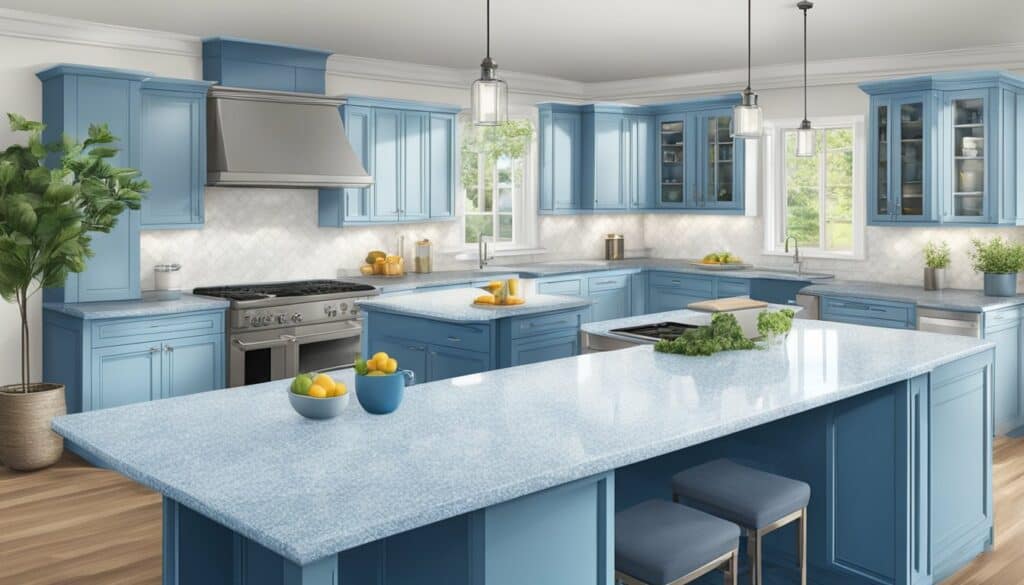 A rendering of a kitchen with blue cabinets.