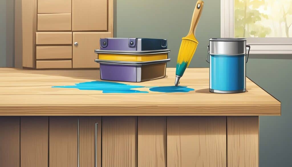 A wooden counter with paint cans and a paint brush.