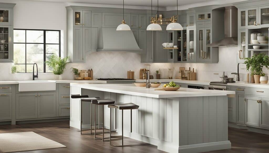 A kitchen with gray cabinets and a center island.
