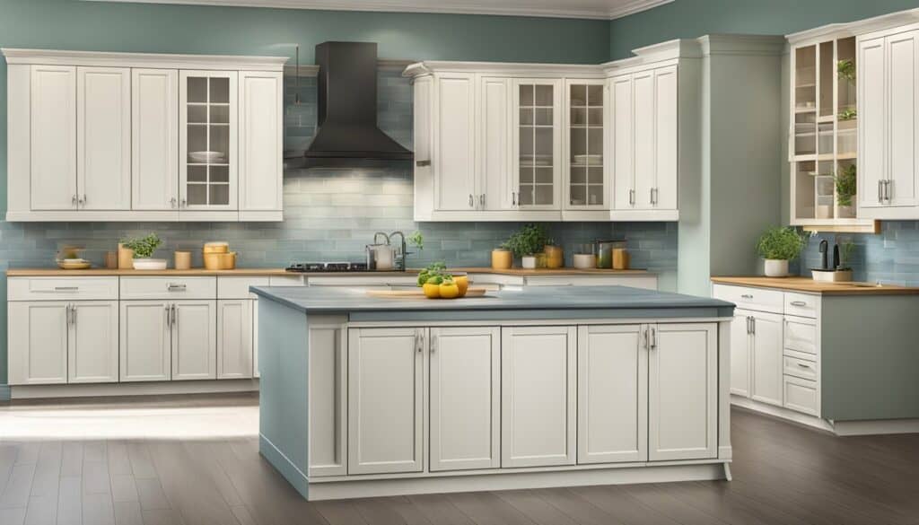 A kitchen with white cabinets and blue walls.