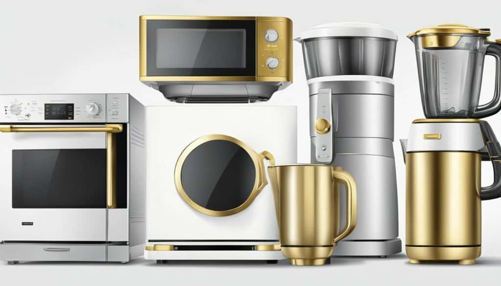 A group of gold and white kitchen appliances on a white background.