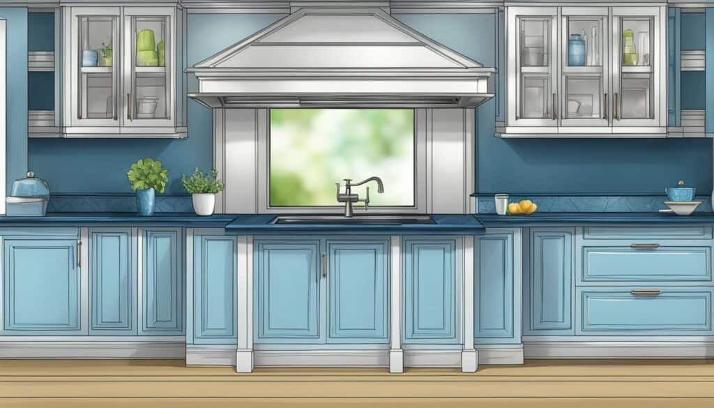 A blue kitchen with white cabinets and counter tops.