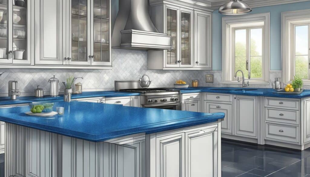 A kitchen with blue counter tops and white cabinets.