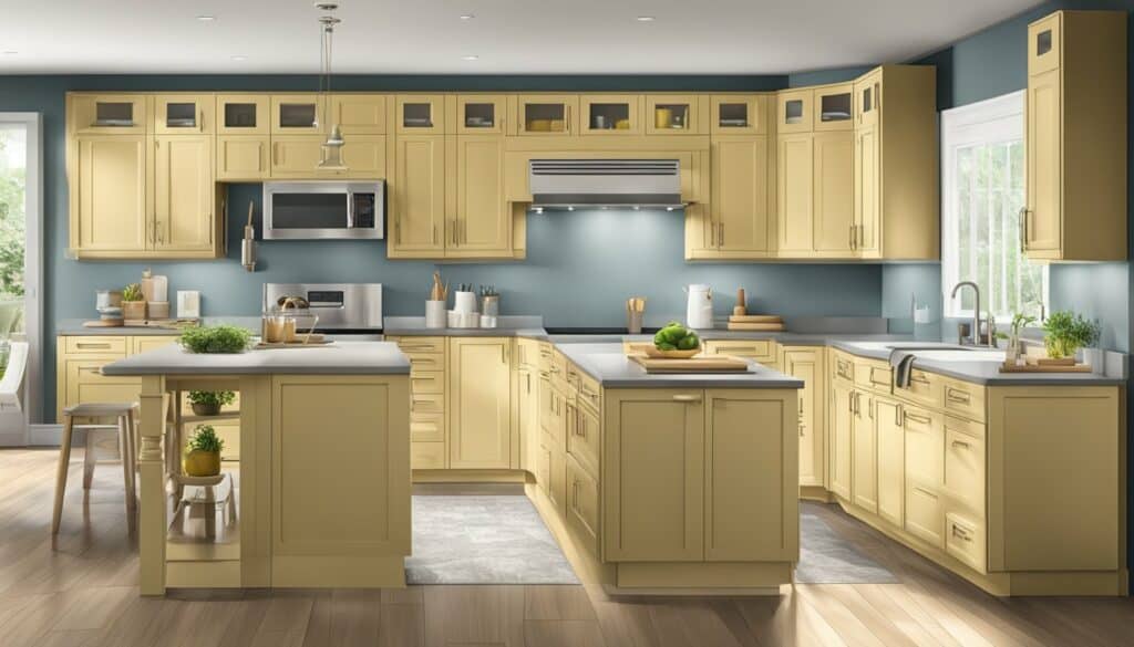 A 3d rendering of a kitchen with yellow cabinets.