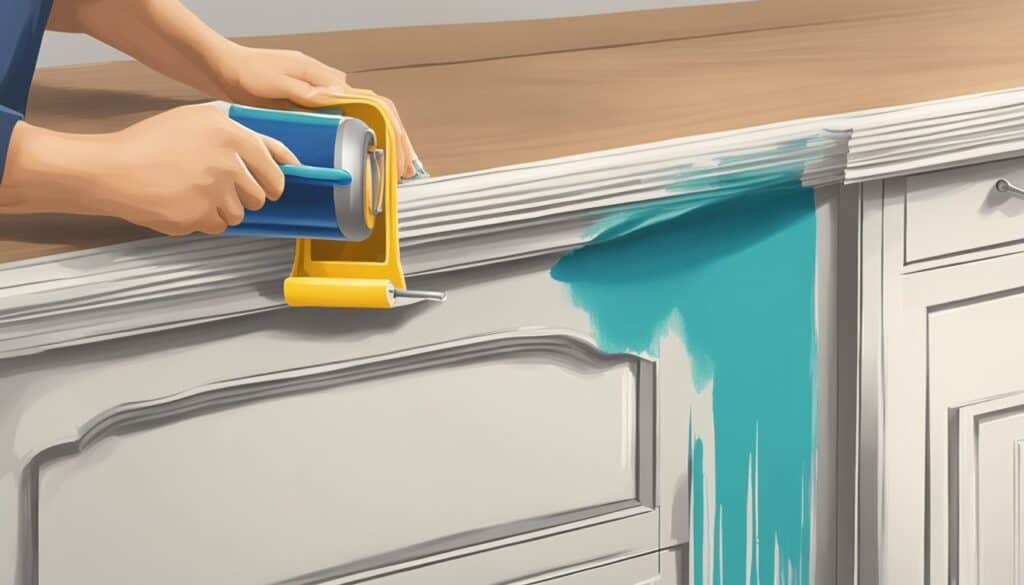 A man is painting a cabinet with blue paint.