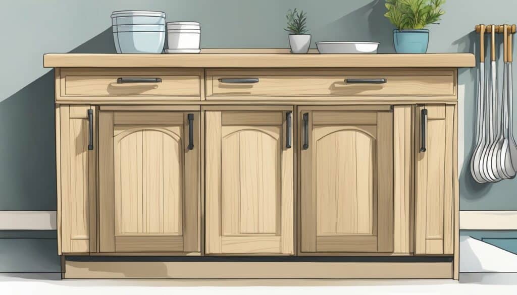 An illustration of a kitchen cabinet with pots and utensils.