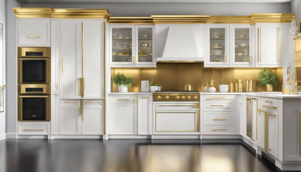 A kitchen with white cabinets and gold accents.