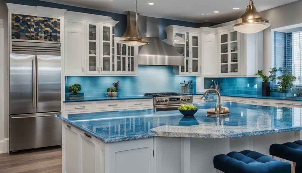 A white kitchen with blue countertops.